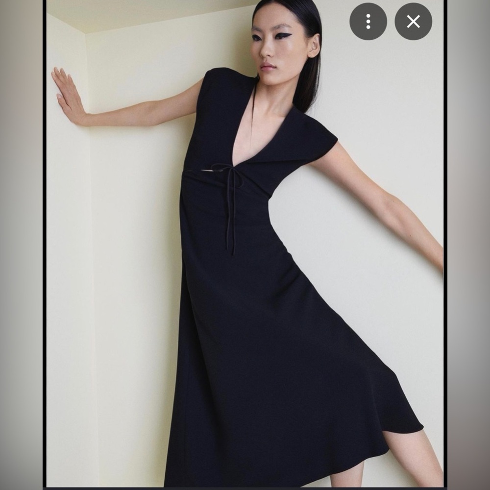 Marella Art.365 Black Cap-Sleeve Tie-Front Midi Dress size 12 NWT